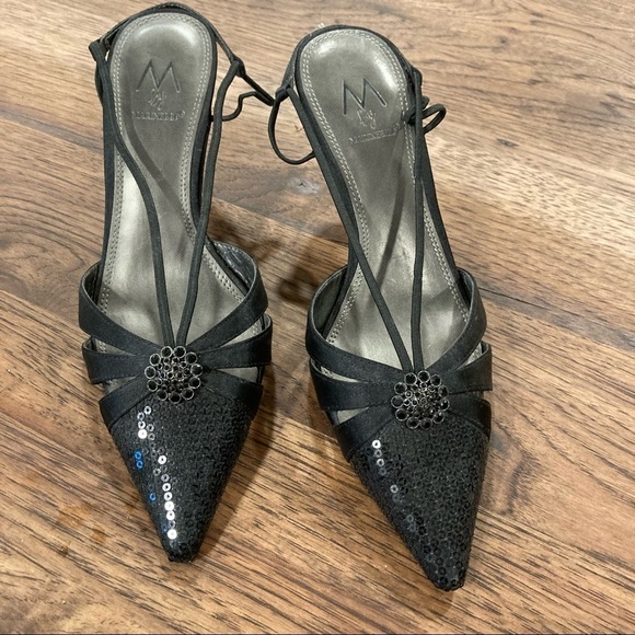 M by Marinelli 6 black satin strappy sparkly heels - Picture 9 of 12